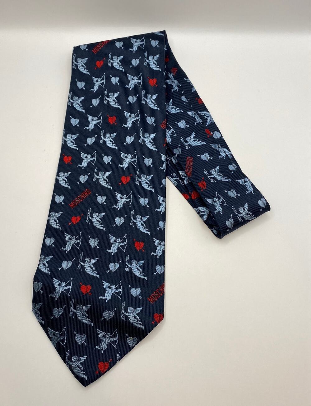 Vintage Moschino 100% Silk Cupid Hearts Necktie Made in Italy Navy Red